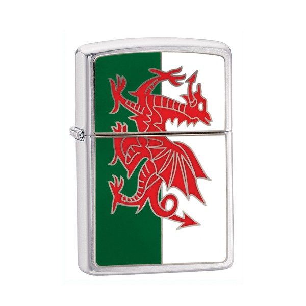 Zippo Wales Flag Emblem Windproof Lighter Brushed Chrome 200W
