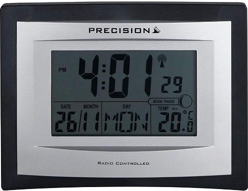 Precision LCD Radio Controlled Wall Desk Clock, Day, Alarm, Temperature Moon phase Display AP046