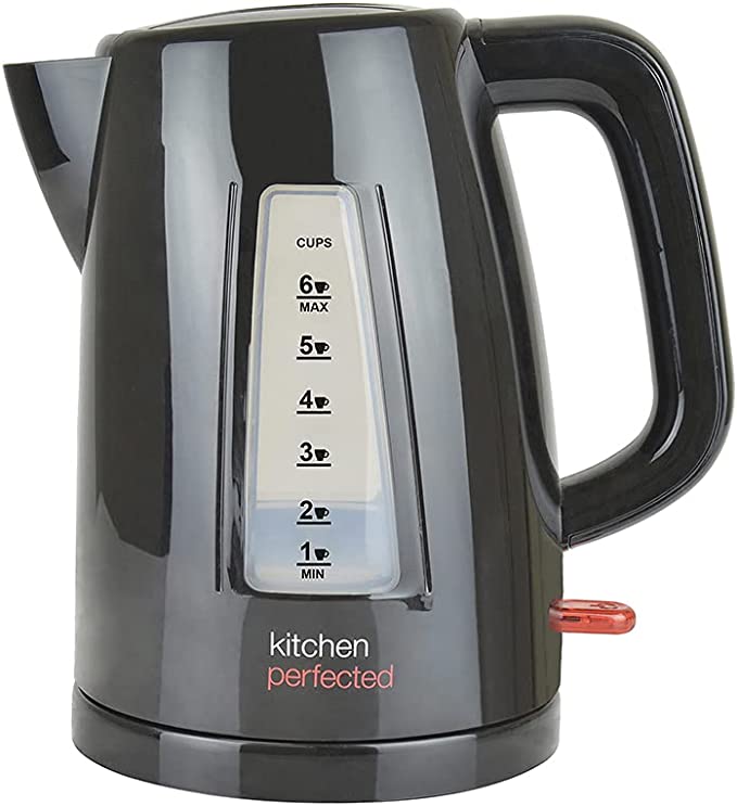 KitchenPerfected Quiet Rapid Boil Eco-Friendly Cordless Kettle - 3000w, 1 cup boil, 1.5 Litre (6 cups), Removable Filter - Black - E1526BK