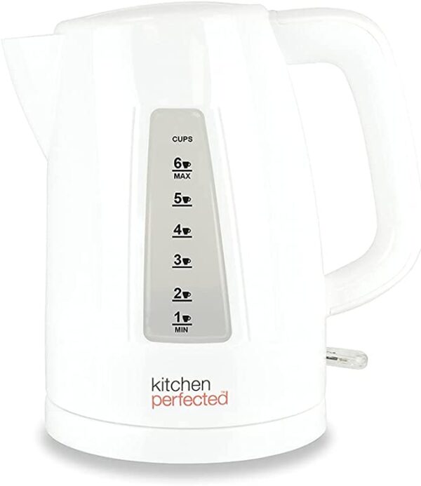 Kitchen Perfected Quiet Rapid Boil Eco-Friendly Cordless Kettle - 3000w, 1 cup boil, 1.5 Litre (6 cups), Removable Filter - White - E1526WH